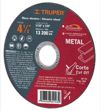 Imagen de DISCO DE CORTE DE METAL 4 1/2 PULG TIPO 1 ECONOMICO TRUPER ABT-786