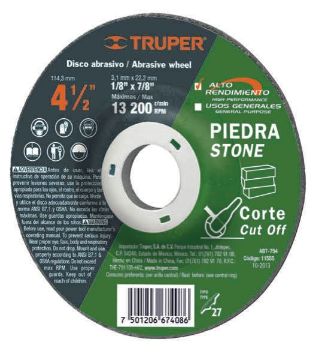 Imagen de DISCO PARA CORTE DE PIEDRA TIPO 27 DIAMETRO 4-1/2 PULG TRUPER ABT-754