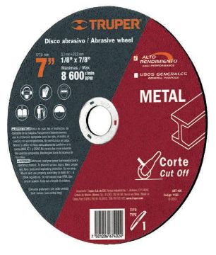 Imagen de DISCO PARA CORTE DE METAL TIPO 1 DIAMETRO 7 PUL