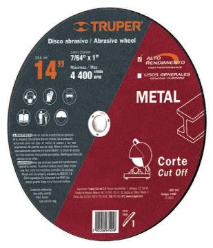 Imagen de DISCO PARA CORTE DE METAL TIPO 1 DIAMETRO 14 PULG TRUPER ABT-742