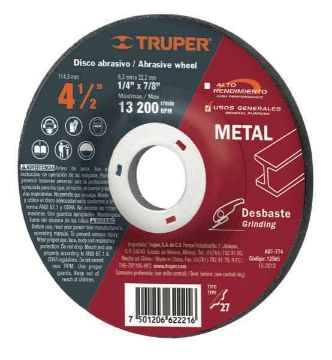 Imagen de DISCO PARA DESBASTE DE METAL TIPO 27 DIAMETRO 4-1/2 PULG TRUPER ABT-774