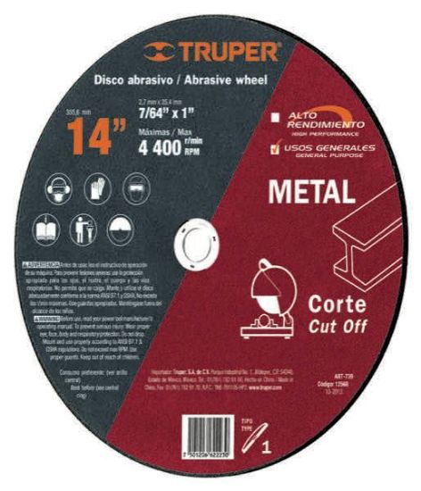 Imagen de DISCO PARA CORTE DE METAL TIPO 1 DIAMETRO 14 PULG TRUPER ABT-739