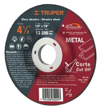 Imagen de DISCO PARA CORTE DE METAL TIPO 27 DIAMETRO 4-1/2 PULG TRUPER ABT-556