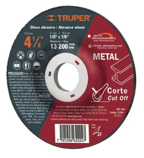 Imagen de DISCO PARA CORTE DE METAL TIPO 27 DIAMETRO 4-1/2 PULG TRUPER ABT-556