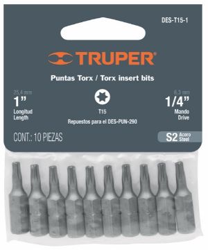 Imagen de D 1 PUNTAS TORX T15 LARGO 1 PULG P/DESPACHADOR BOLSA 10 PZAS TRUPER DES-T15-1